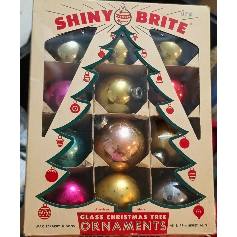 Vintage Shiny Brite Glass Christmas Tree Ornaments Set of 12 Original Box USA